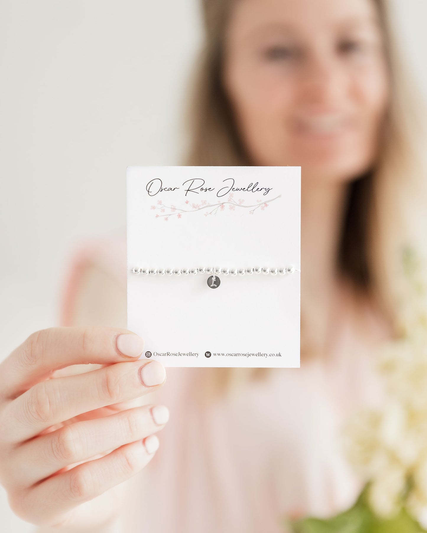 Silver Hand Stamped Initial Stretch Beaded Bracelet
