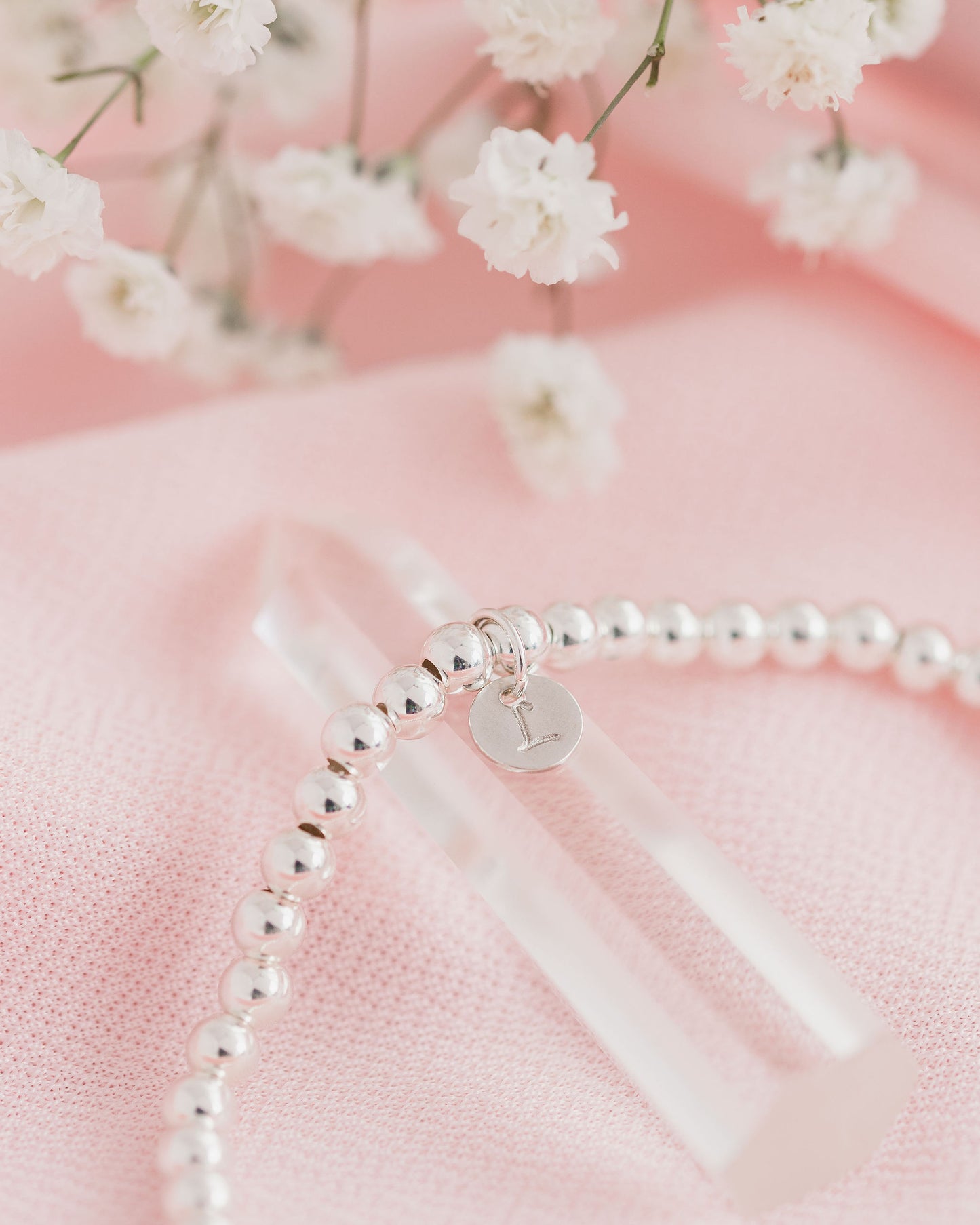 Silver Hand Stamped Initial Stretch Beaded Bracelet