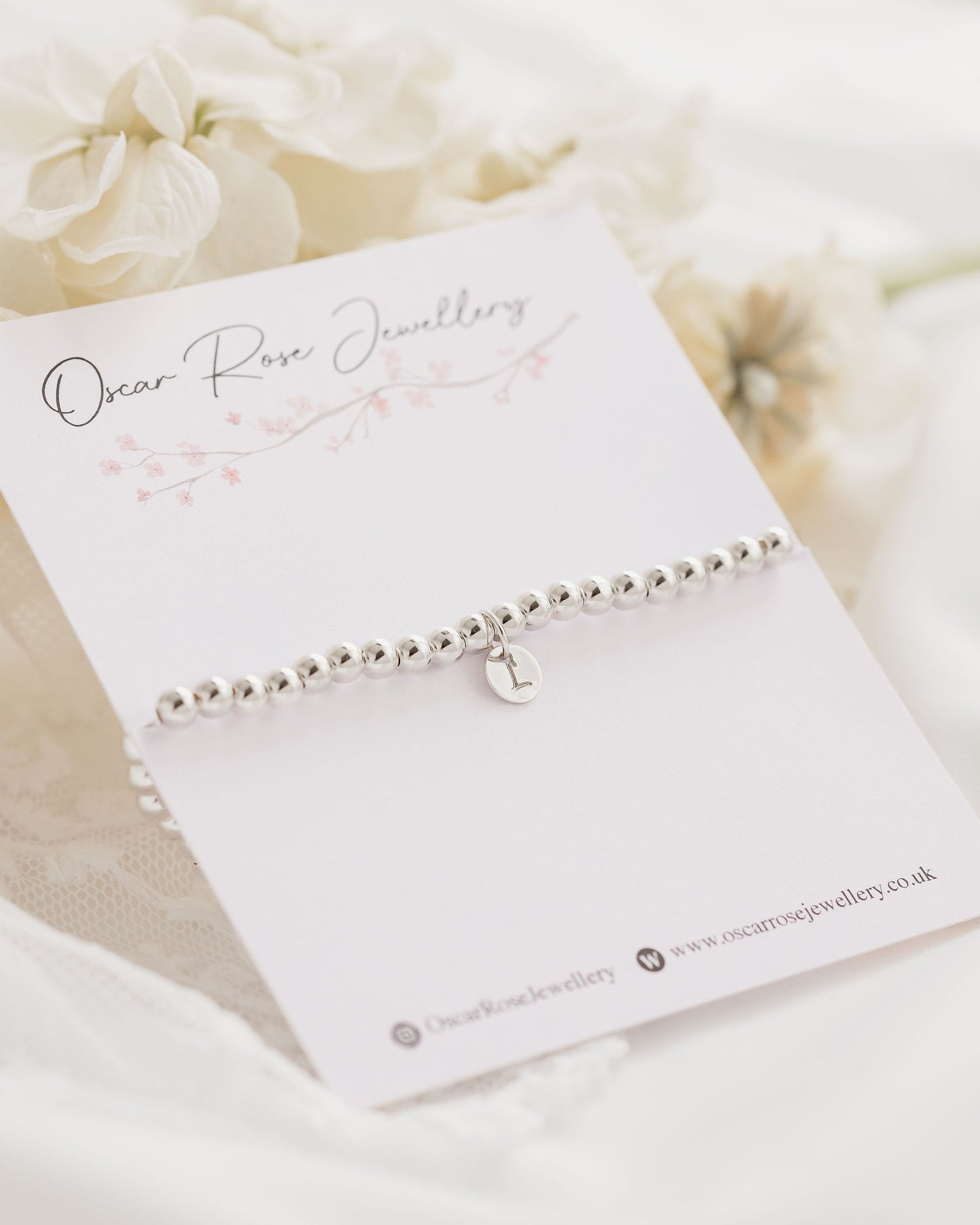 Silver Hand Stamped Initial Stretch Beaded Bracelet