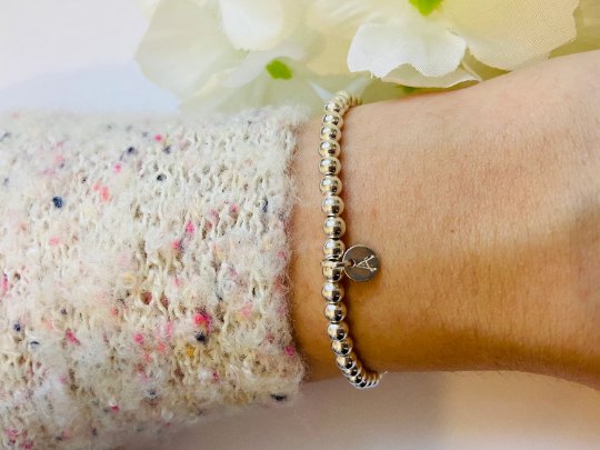 Silver Hand Stamped Initial Stretch Beaded Bracelet