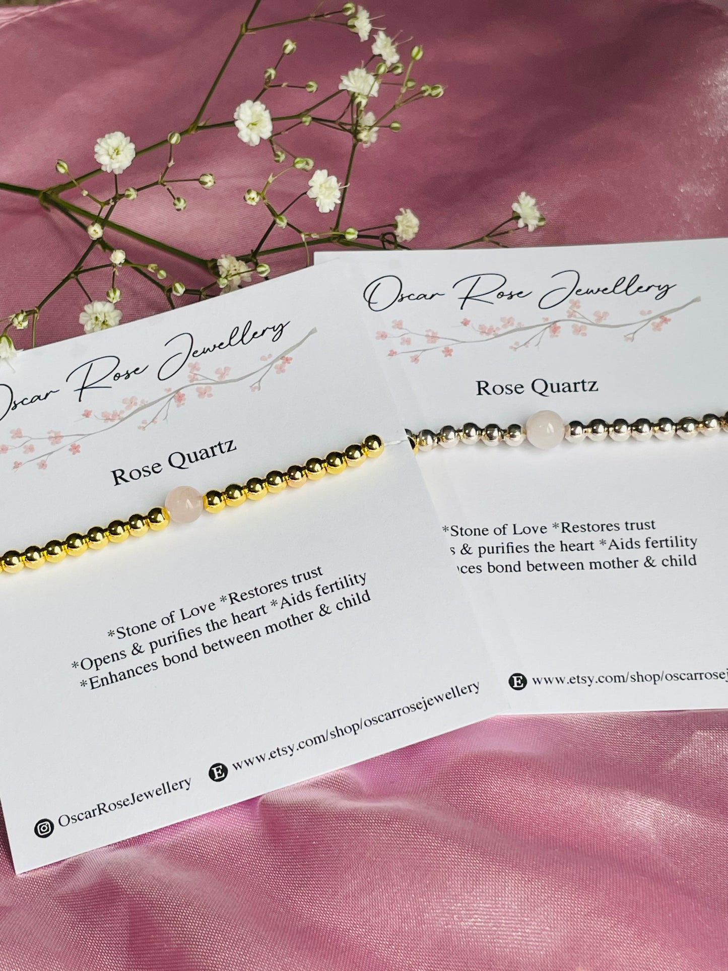 Rose Quartz & Silver or Gold Bracelet