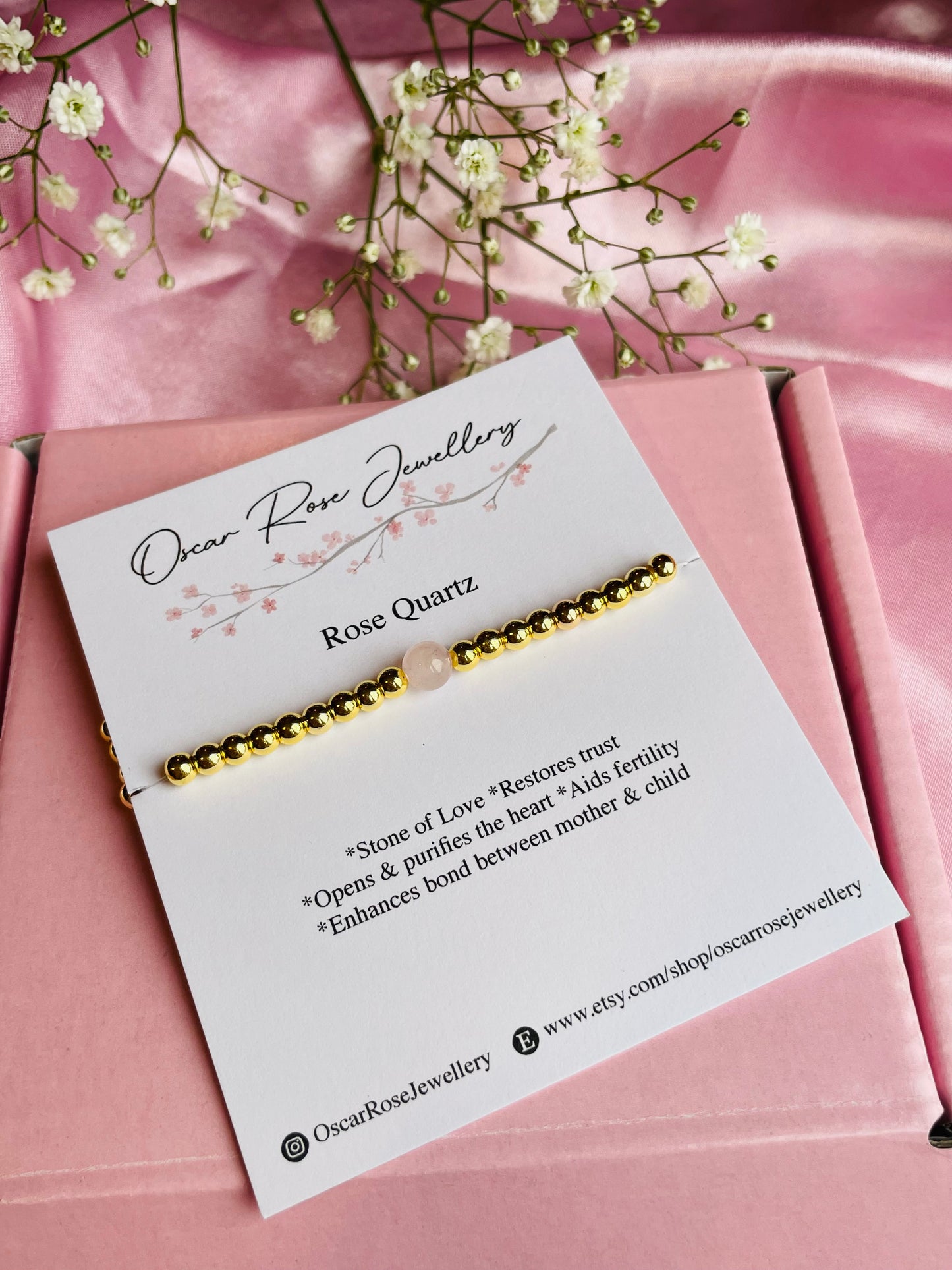 Rose Quartz & Silver or Gold Bracelet