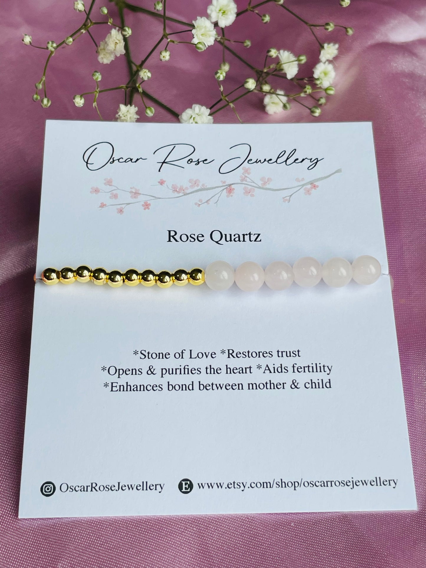 Rose Quartz & Silver or Gold Bracelet