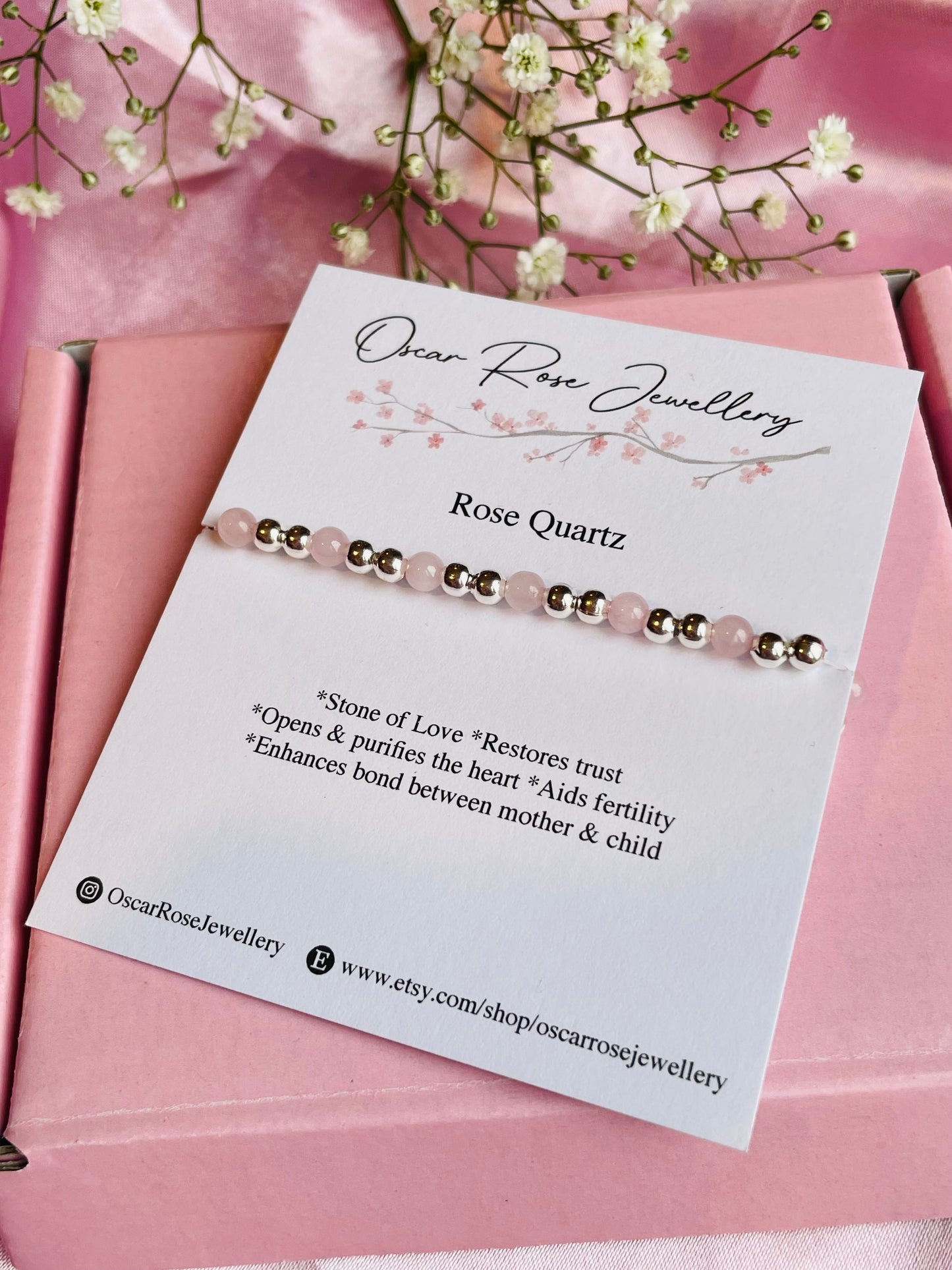 Rose Quartz & Sterling Silver Dainty Bracelet