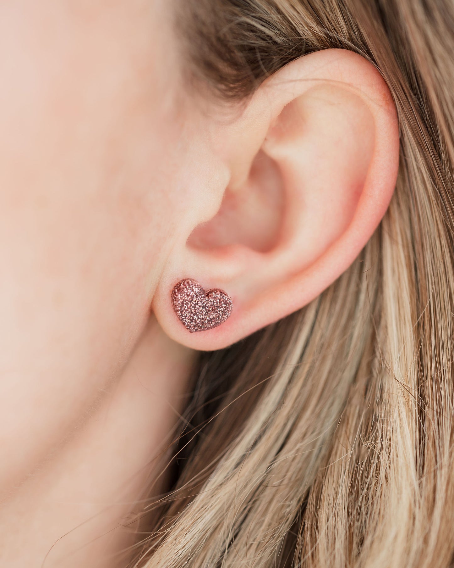 Rose Gold Glitter Resin Heart Stud Earrings