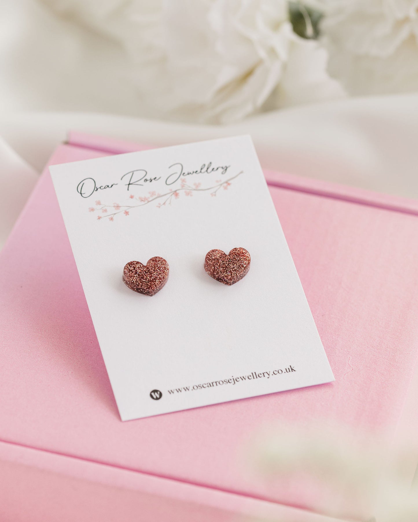 Rose Gold Glitter Resin Heart Stud Earrings