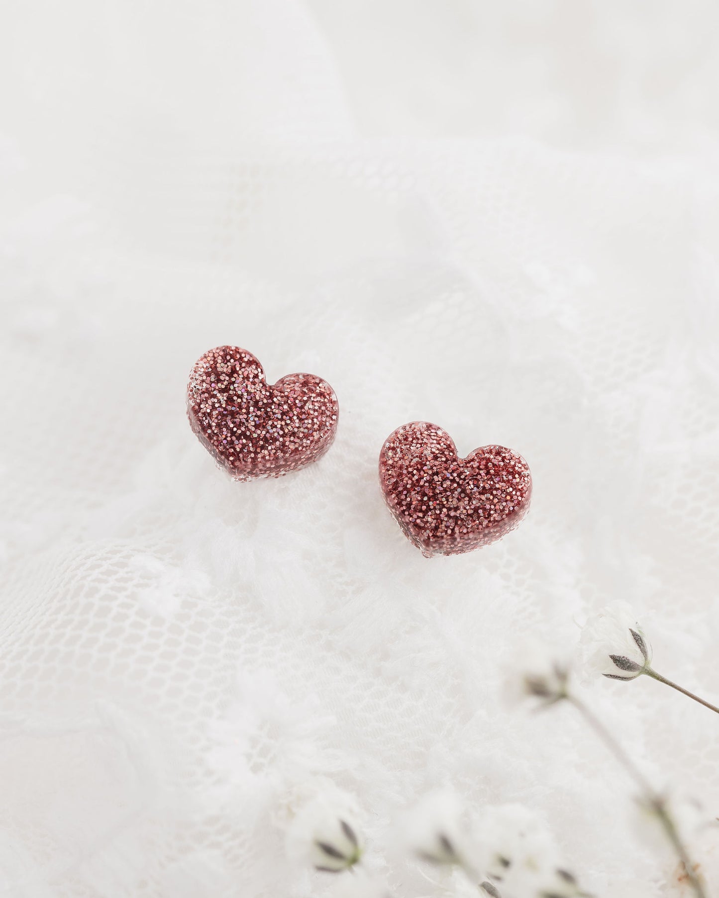 Rose Gold Glitter Resin Heart Stud Earrings