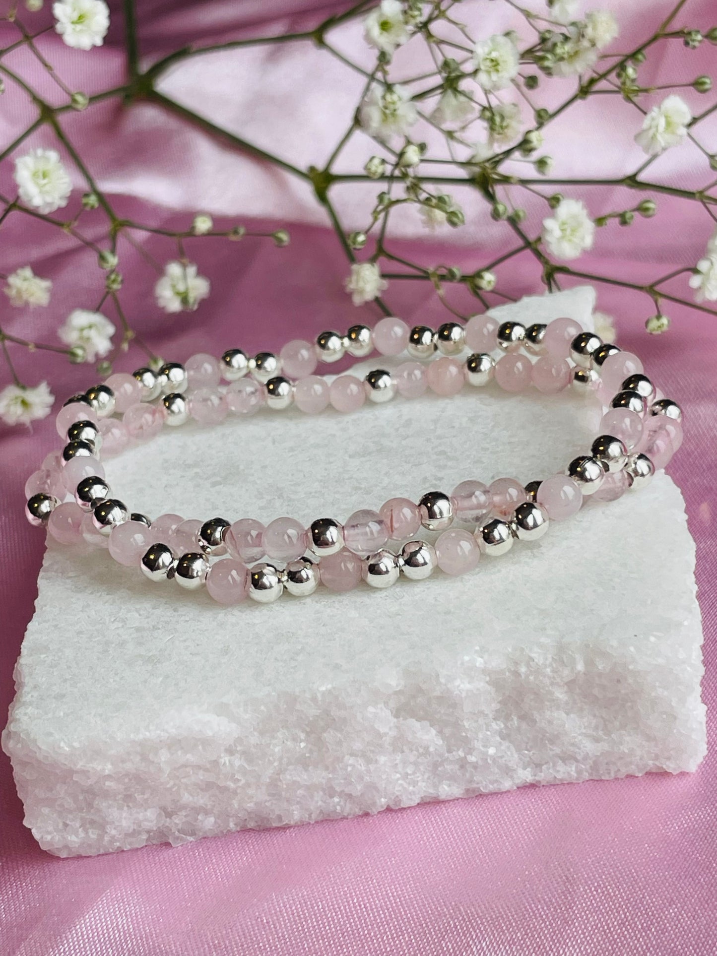 Rose Quartz & Sterling Silver Dainty Bracelet