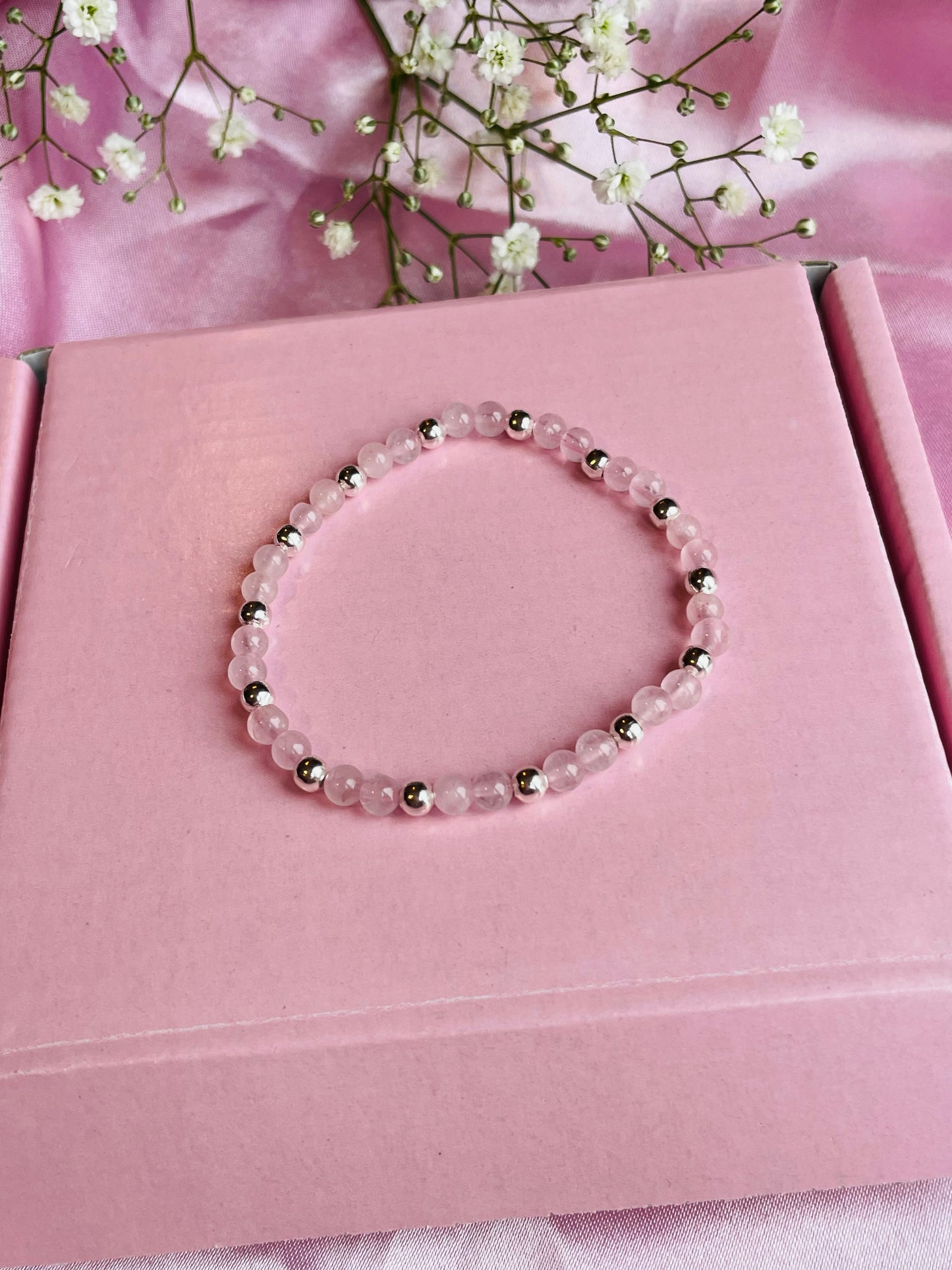 Rose Quartz & Sterling Silver Dainty Bracelet