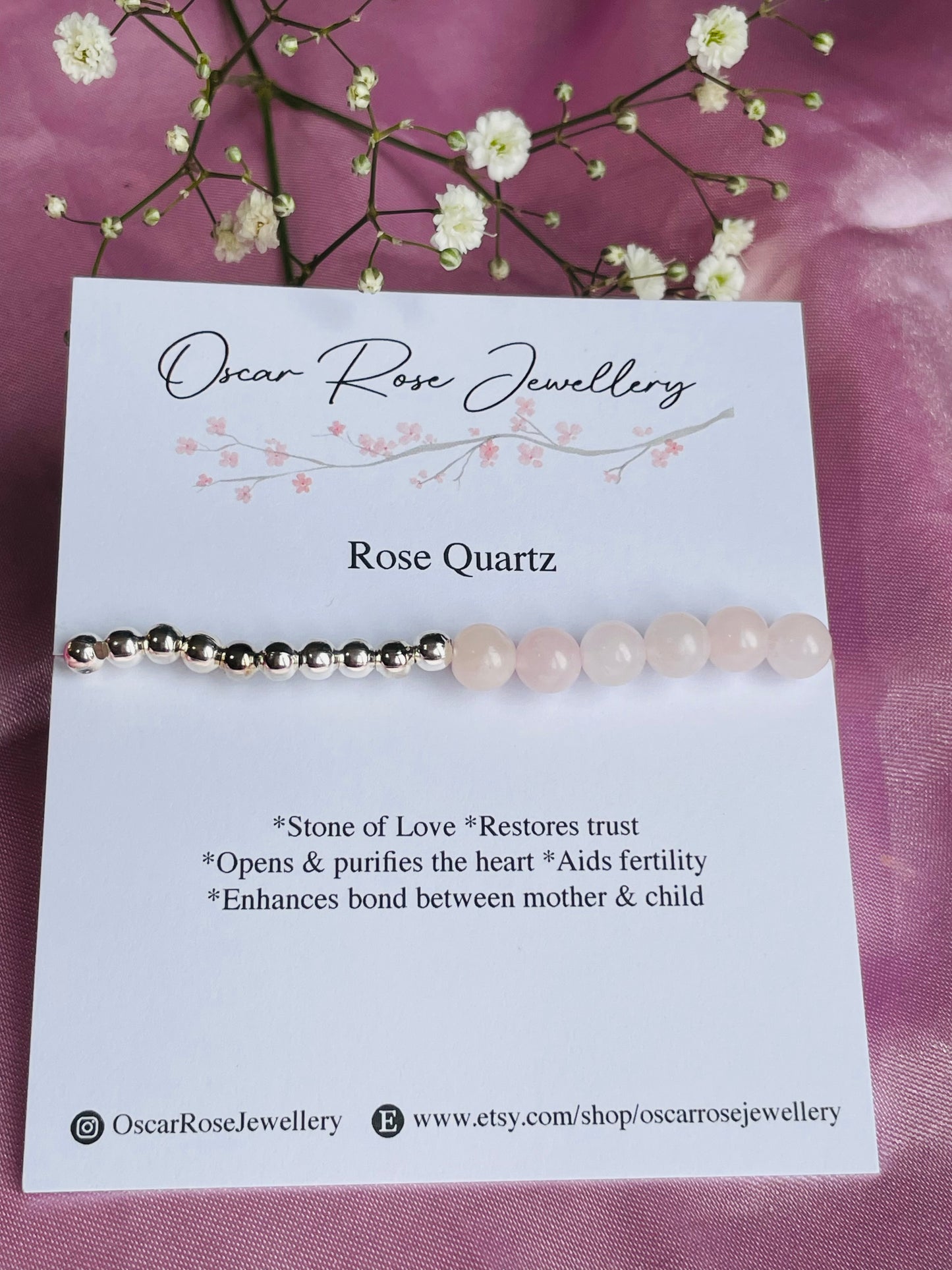 Rose Quartz & Silver or Gold Bracelet