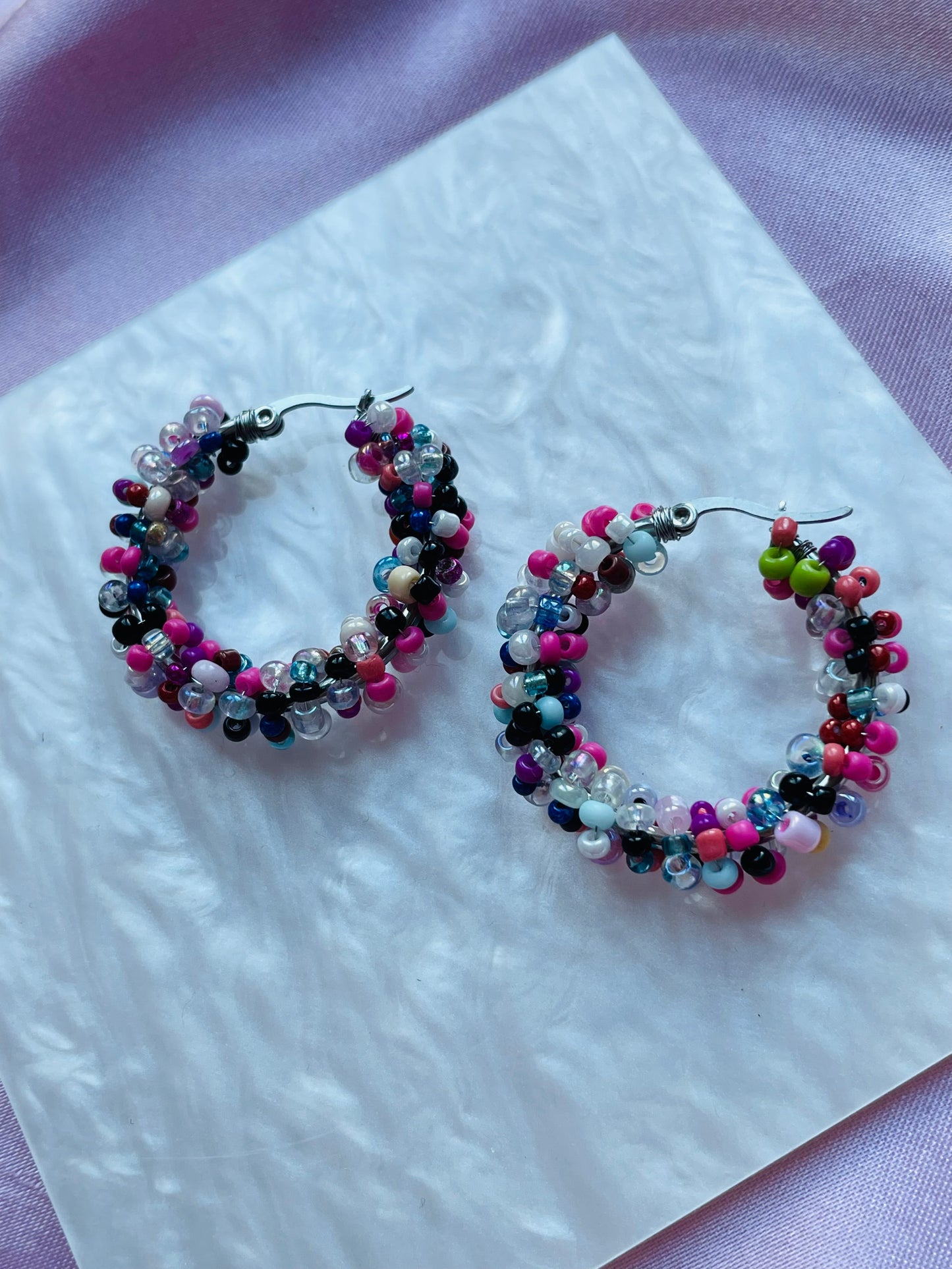 Multicoloured Beaded Hoop Earrings – Handmade Colourful Seed Bead Hoops