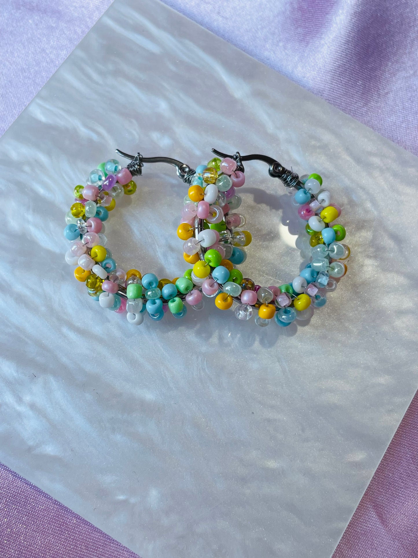 Pastel Beaded Hoop Earrings – Handmade Colourful Seed Bead Hoops