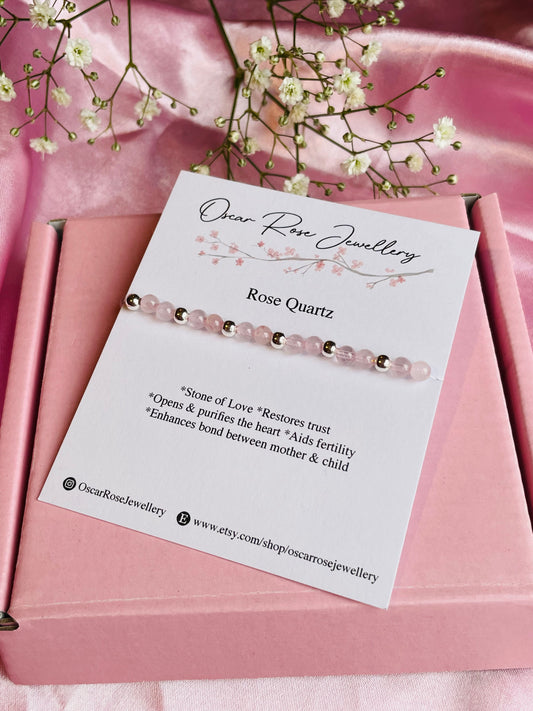 Rose Quartz & Sterling Silver Dainty Bracelet