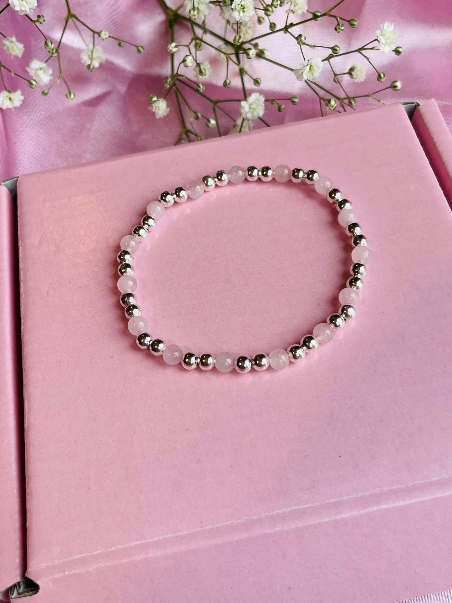 Rose Quartz & Sterling Silver Dainty Bracelet