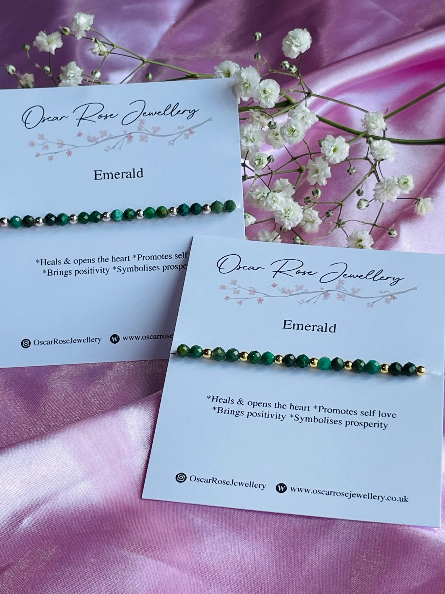Emerald and Silver or Gold Plated Stretch Bead Bracelet