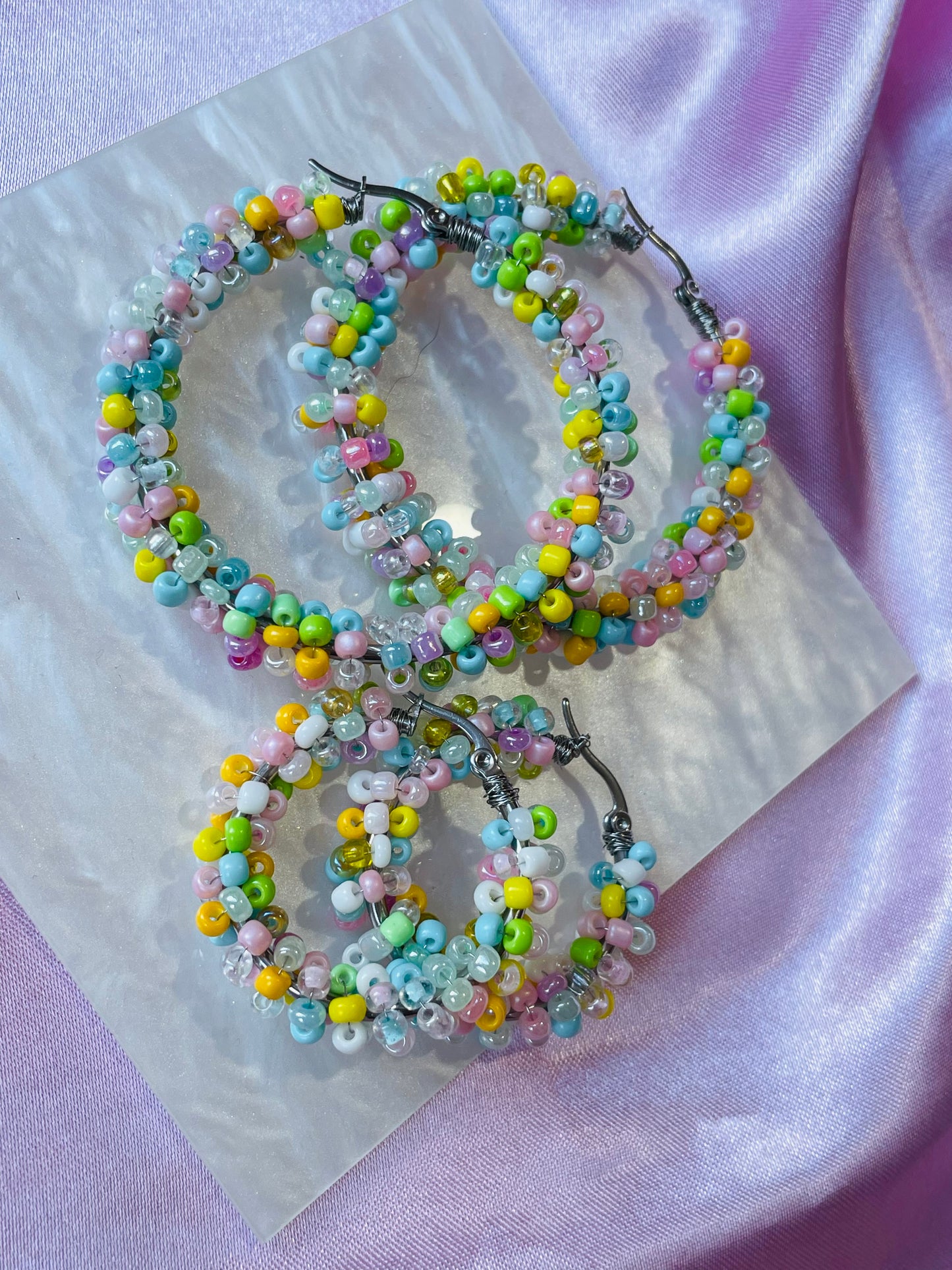 Pastel Beaded Hoop Earrings – Handmade Colourful Seed Bead Hoops