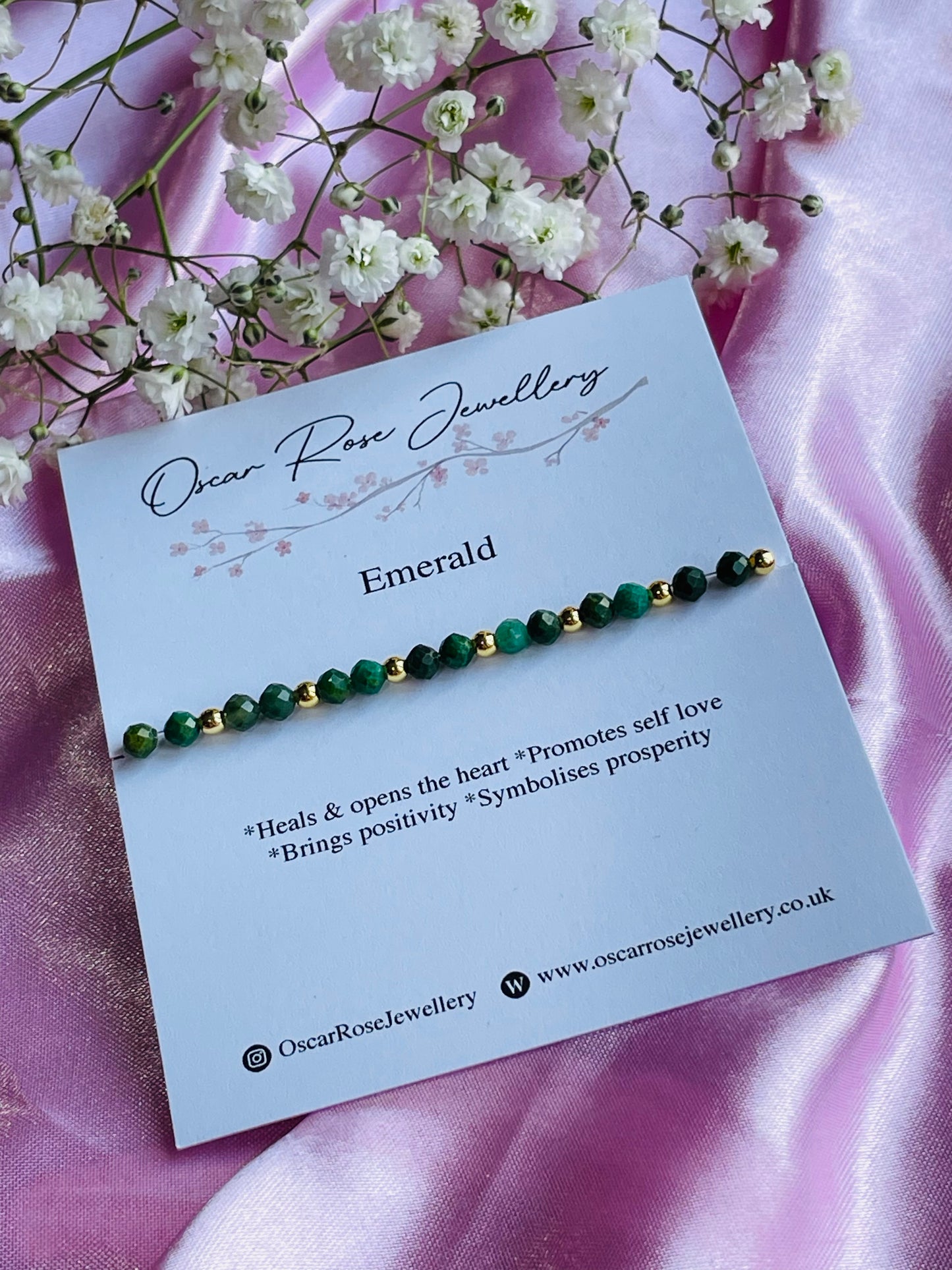 Emerald and Silver or Gold Plated Stretch Bead Bracelet