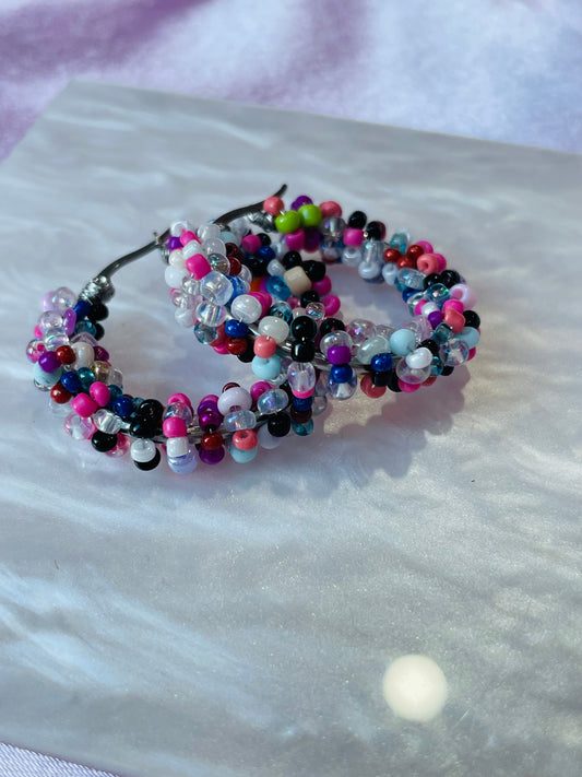 Multicoloured Beaded Hoop Earrings – Handmade Colourful Seed Bead Hoops