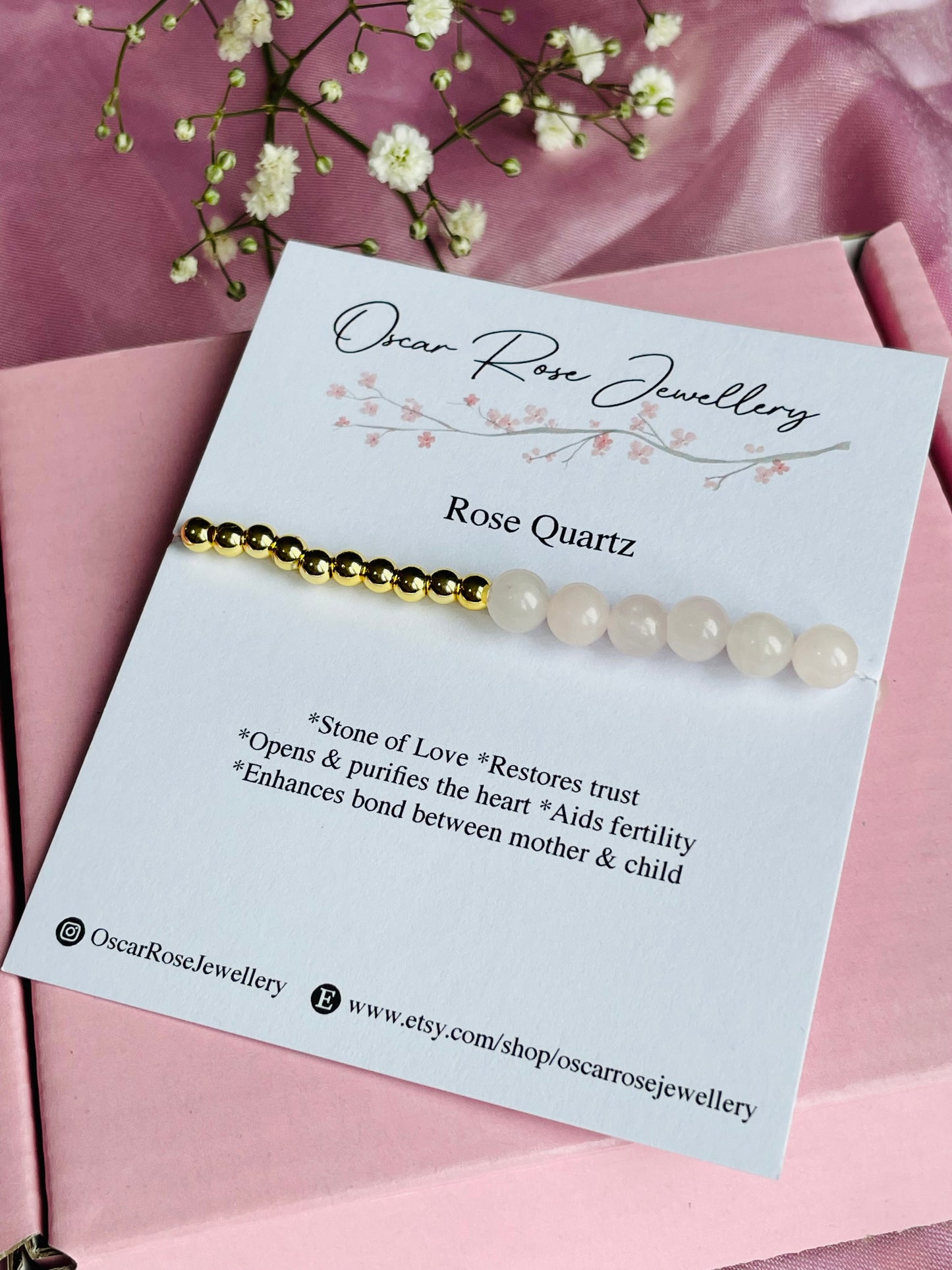 Rose Quartz & Silver or Gold Bracelet