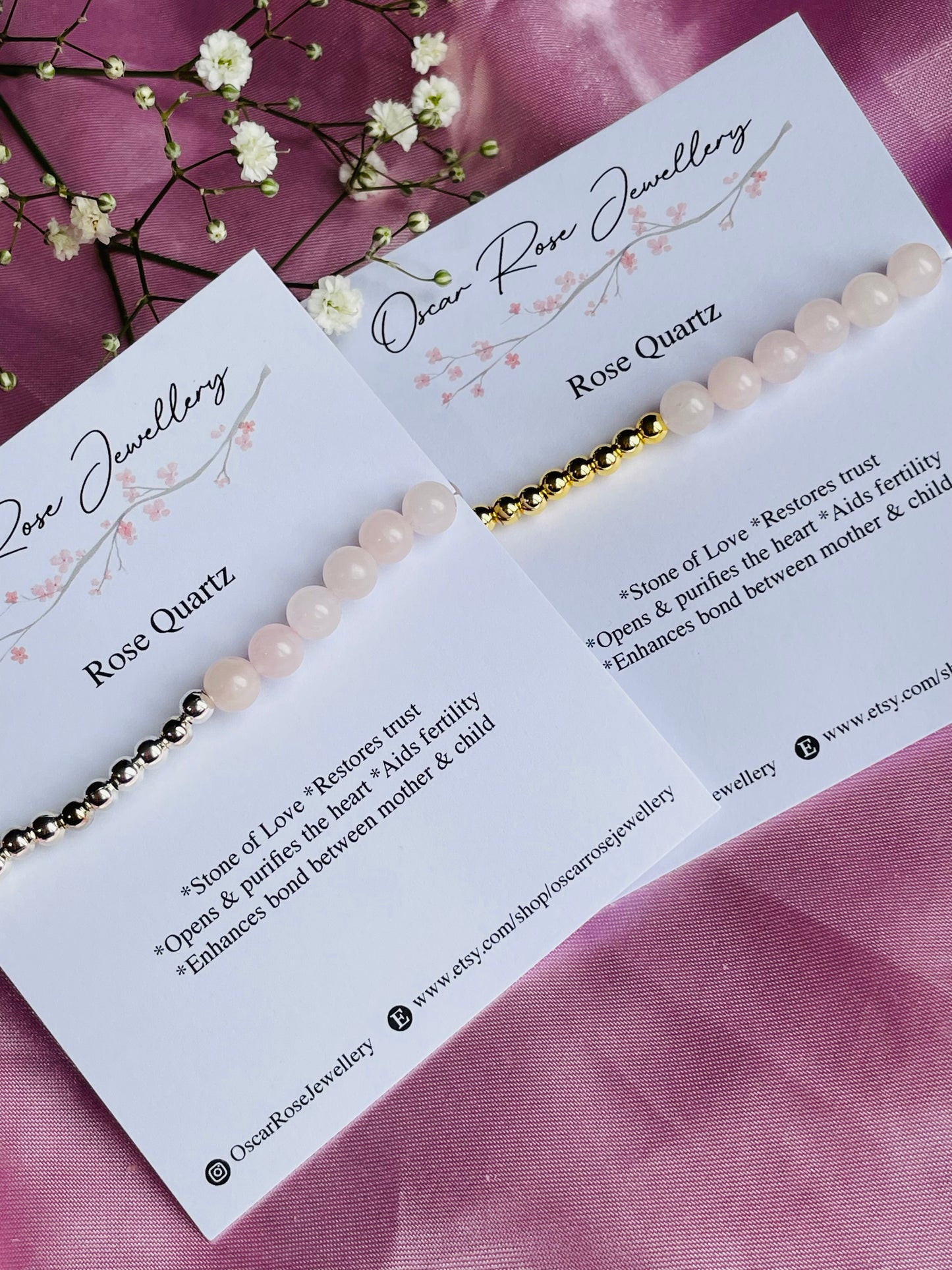 Rose Quartz & Silver or Gold Bracelet