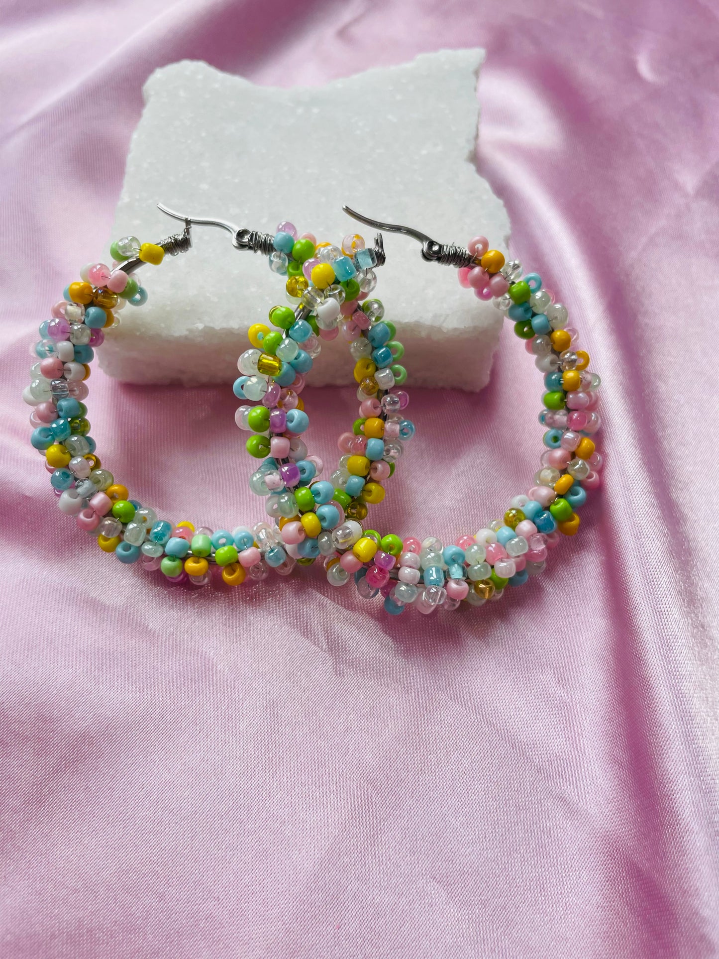 Pastel Beaded Hoop Earrings – Handmade Colourful Seed Bead Hoops
