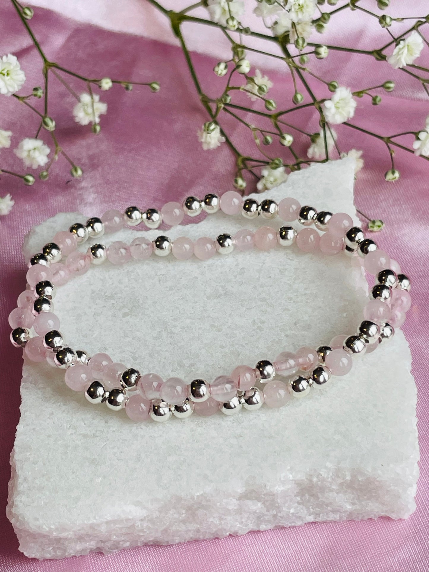 Rose Quartz & Sterling Silver Dainty Bracelet
