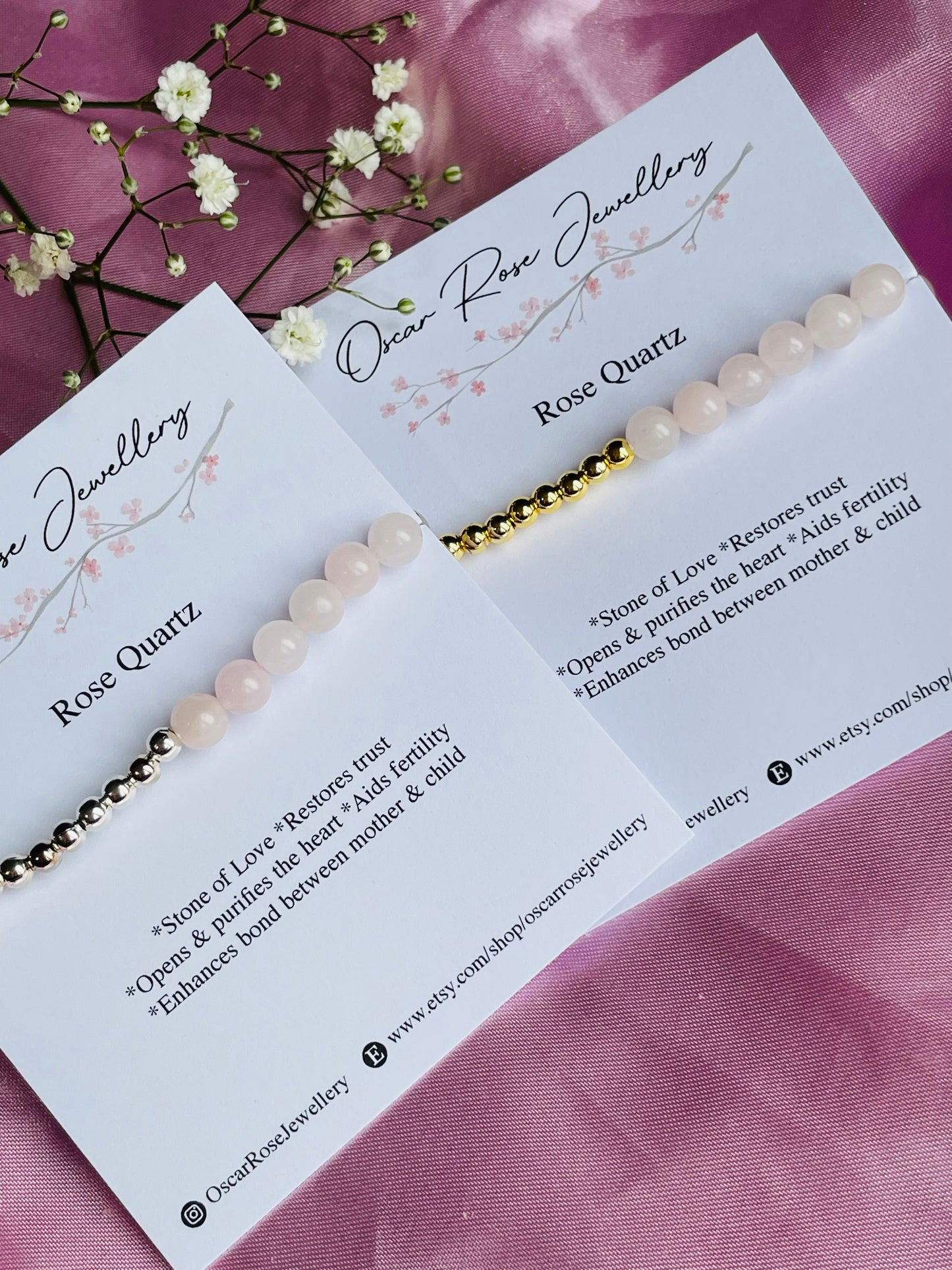 Rose Quartz & Silver or Gold Bracelet