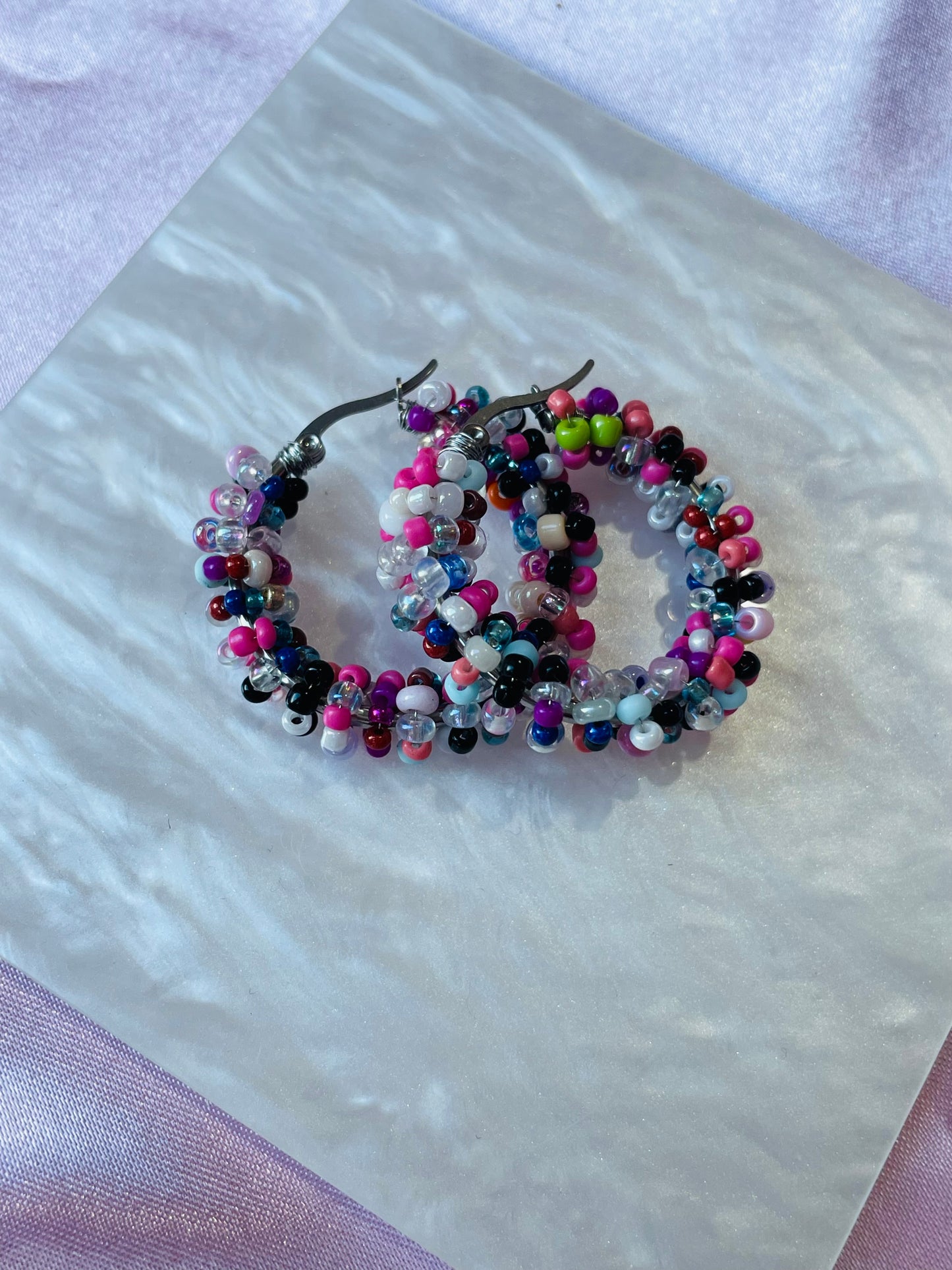 Multicoloured Beaded Hoop Earrings – Handmade Colourful Seed Bead Hoops