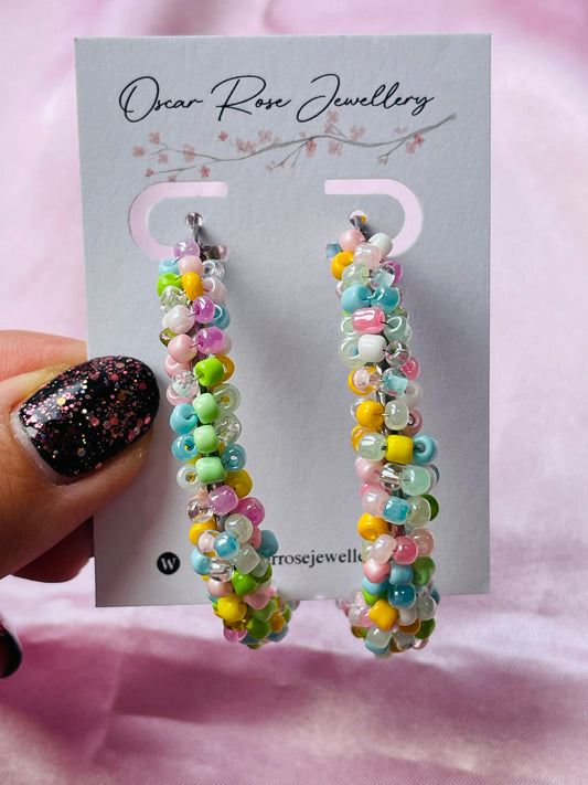 Pastel Beaded Hoop Earrings – Handmade Colourful Seed Bead Hoops