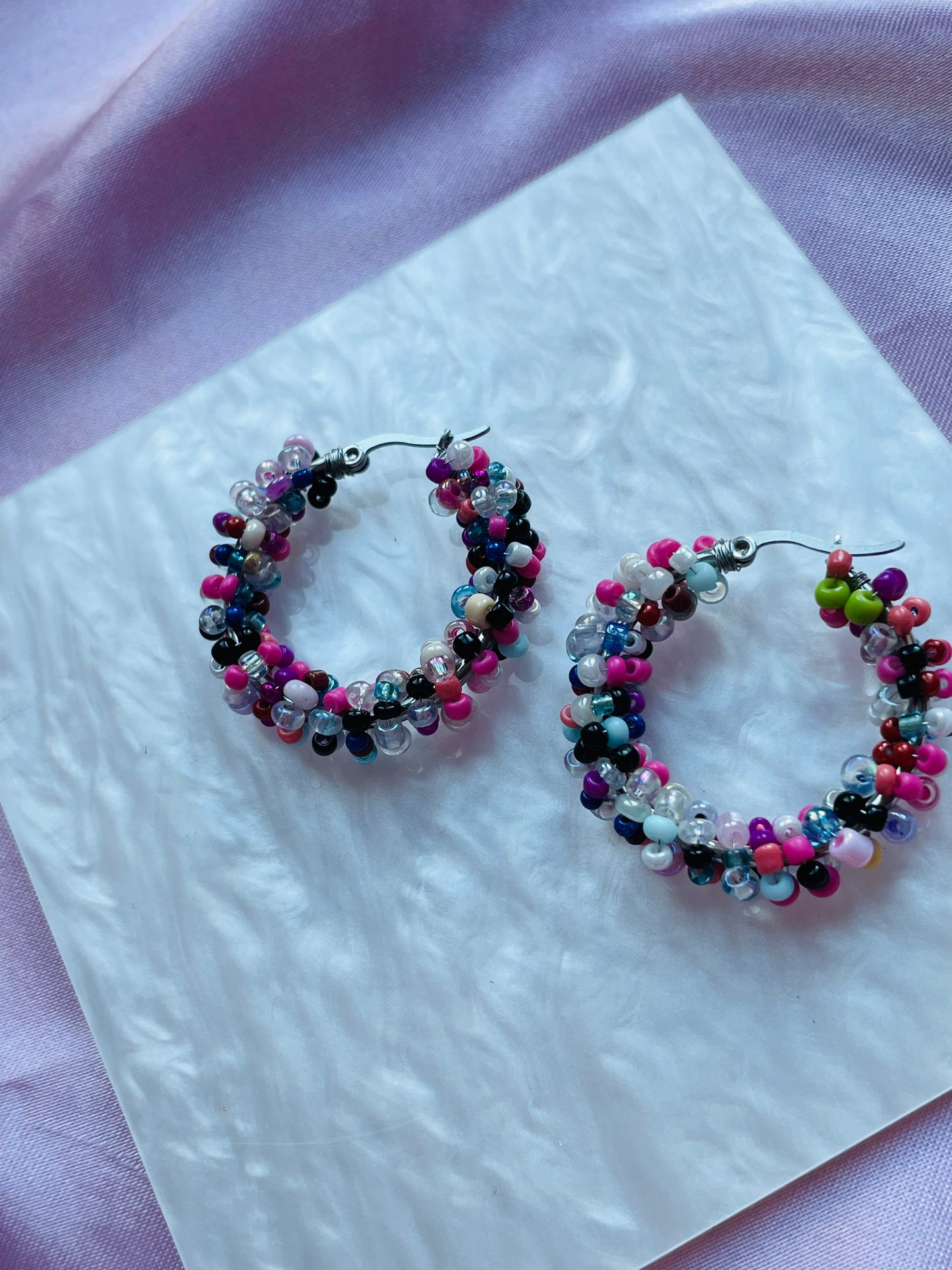 Multicoloured Beaded Hoop Earrings – Handmade Colourful Seed Bead Hoops