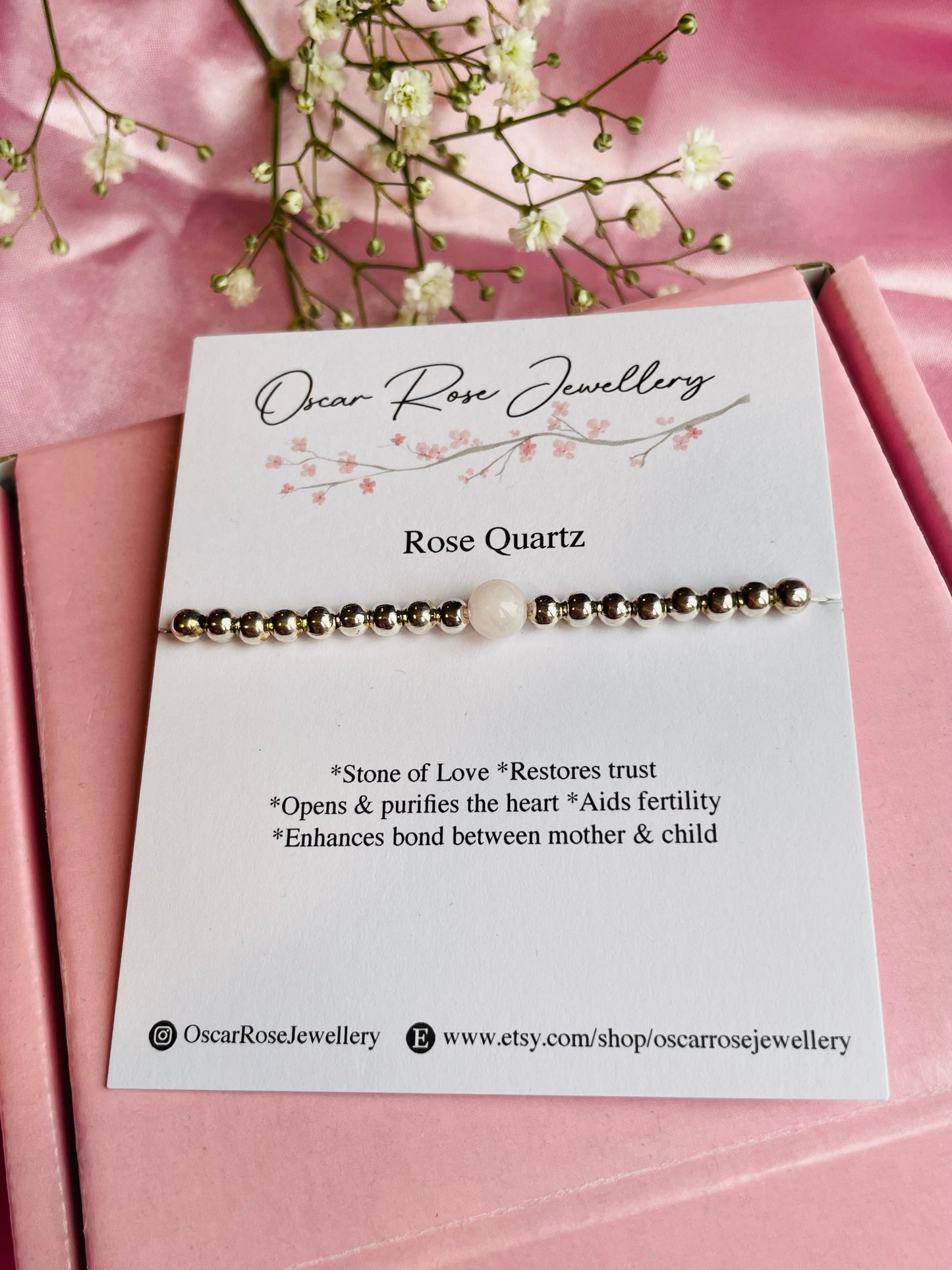 Rose Quartz & Silver or Gold Bracelet