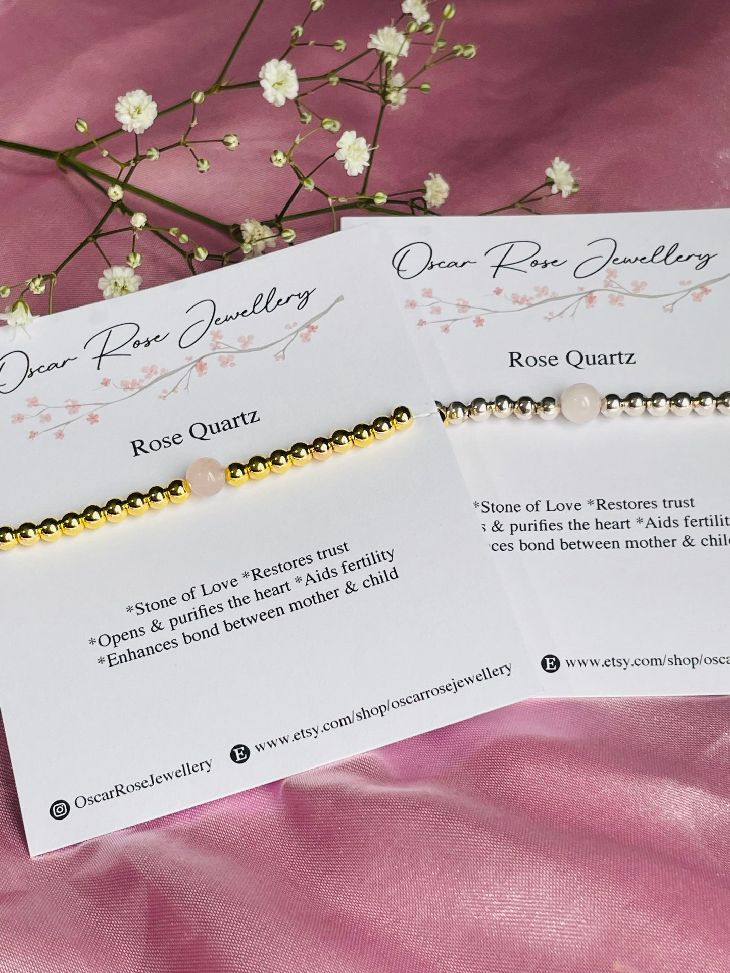 Rose Quartz & Silver or Gold Bracelet