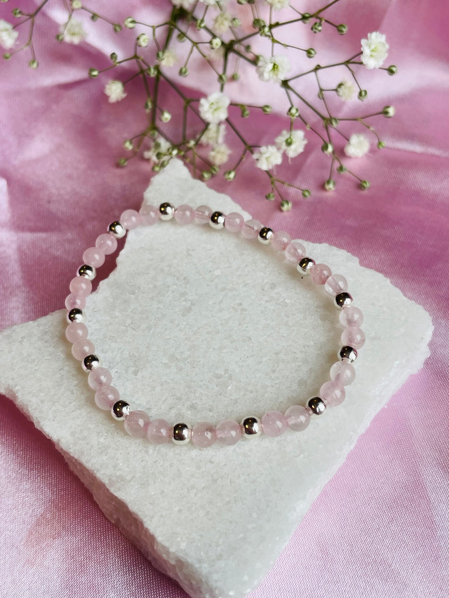 Rose Quartz & Sterling Silver Dainty Bracelet