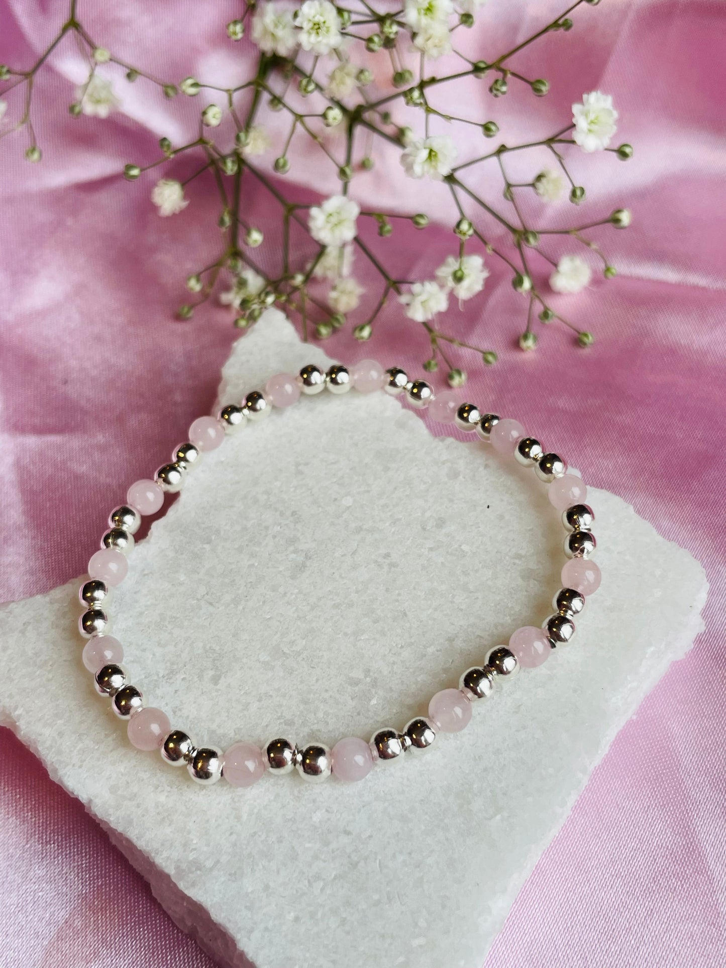 Rose Quartz & Sterling Silver Dainty Bracelet