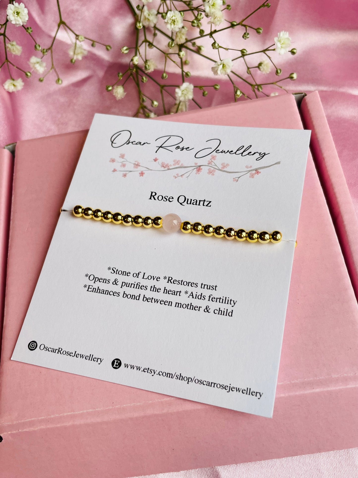 Rose Quartz & Silver or Gold Bracelet
