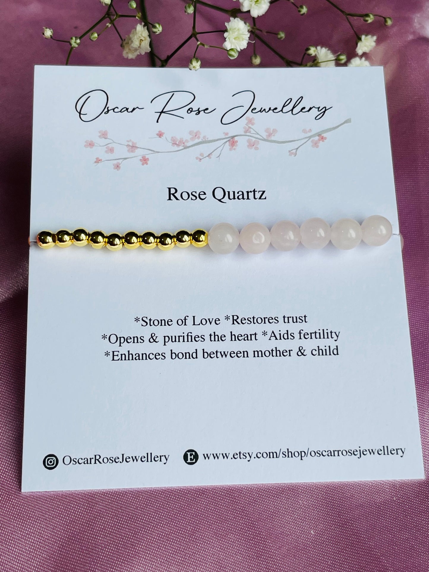 Rose Quartz & Silver or Gold Bracelet