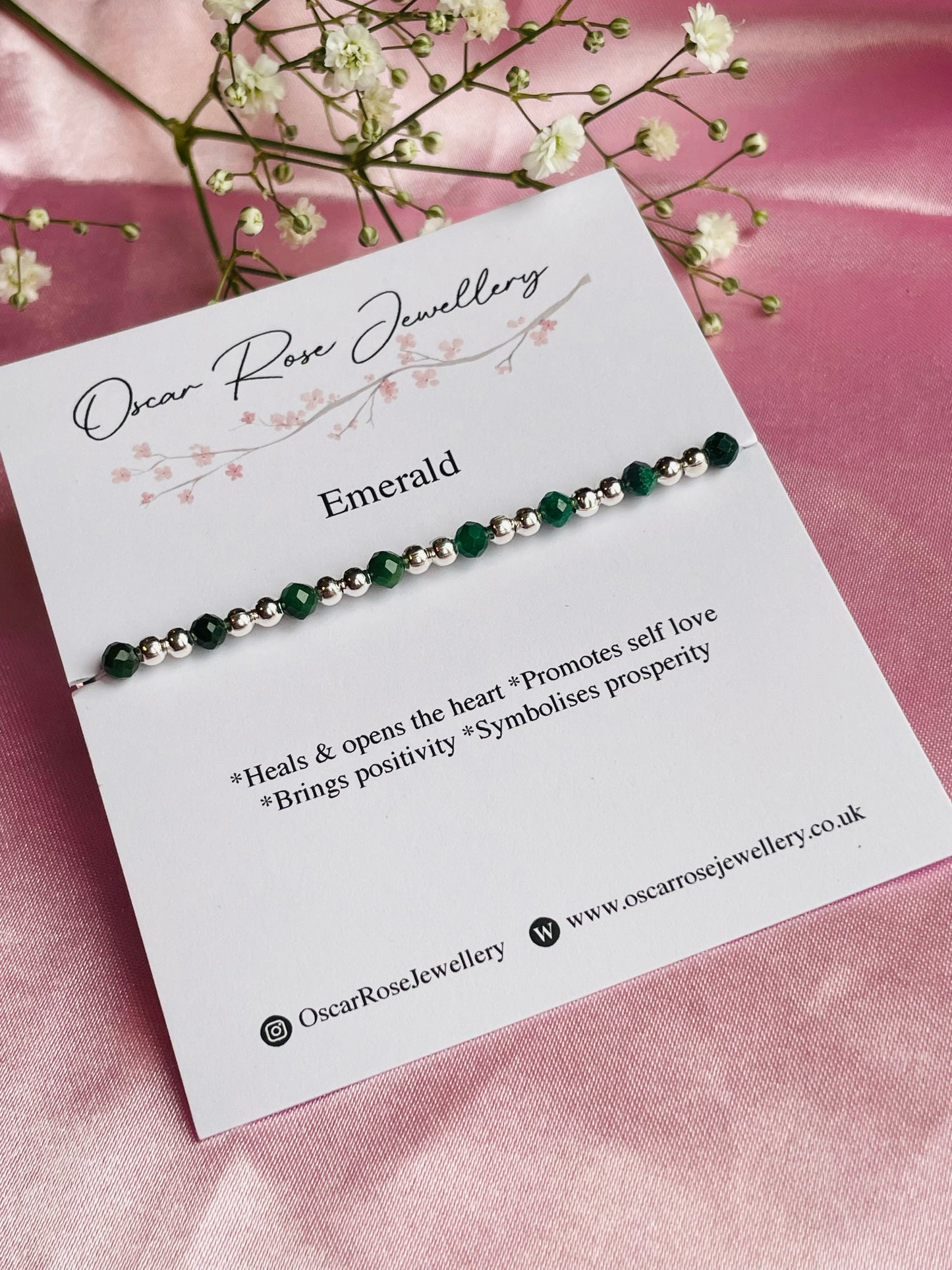 Emerald and Silver or Gold Plated Stretch Bead Bracelet
