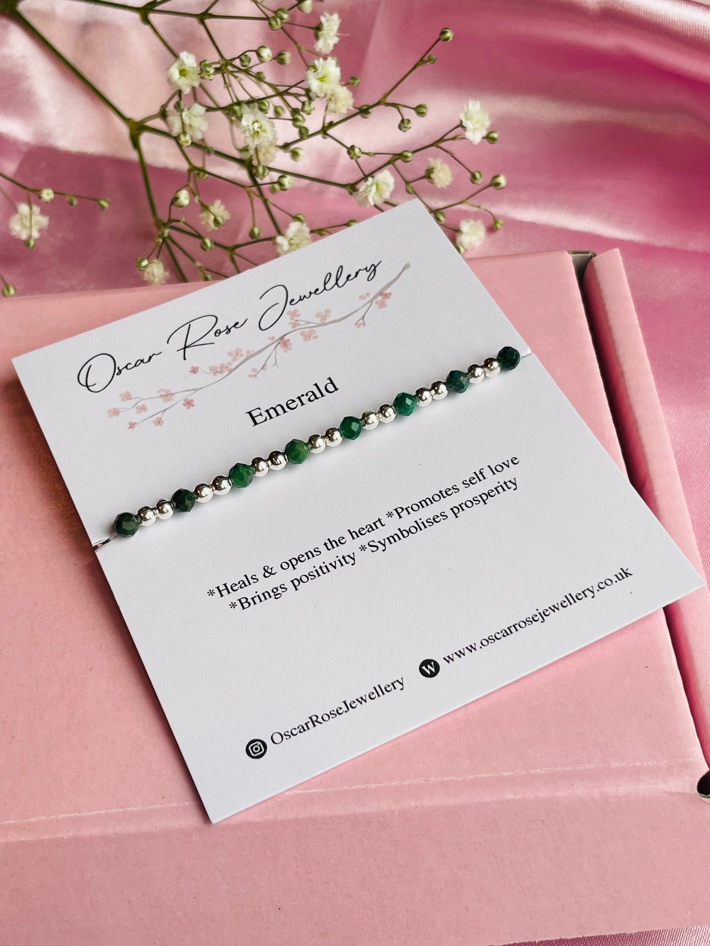 Emerald and Silver or Gold Plated Stretch Bead Bracelet