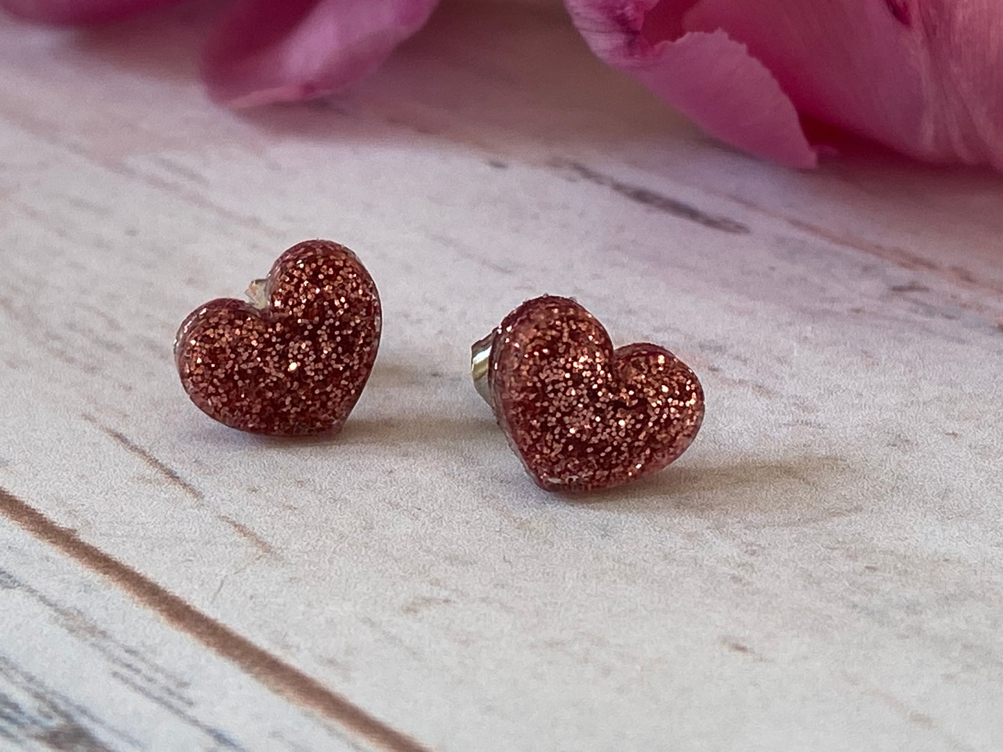 Rose Gold Glitter Resin Heart Stud Earrings