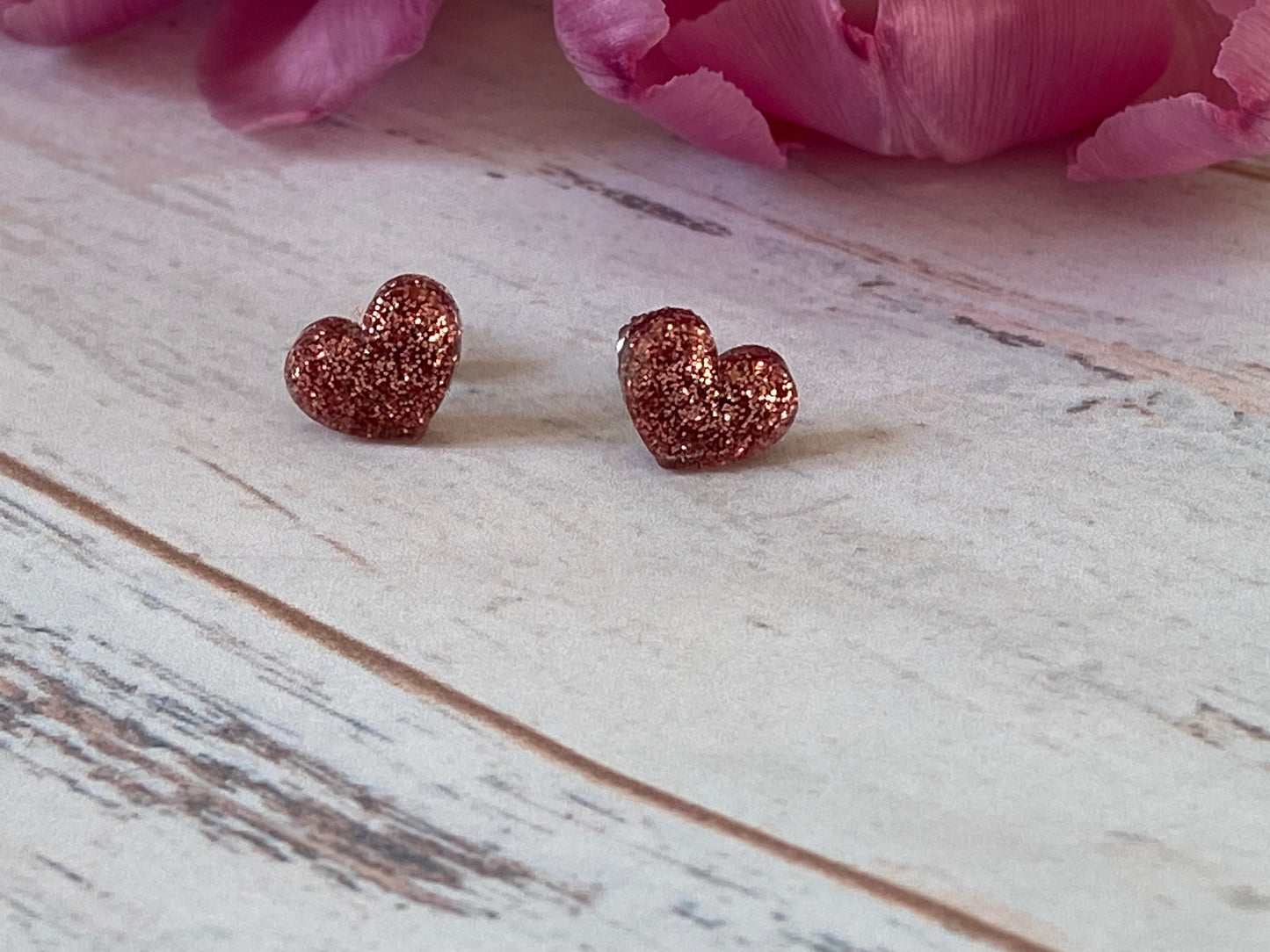 Rose Gold Glitter Resin Heart Stud Earrings