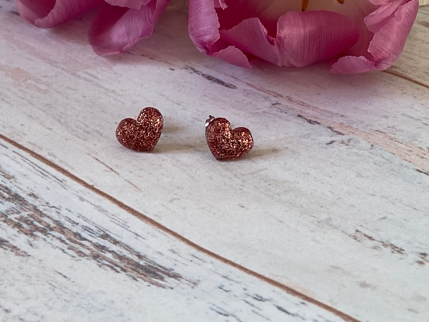 Rose Gold Glitter Resin Heart Stud Earrings