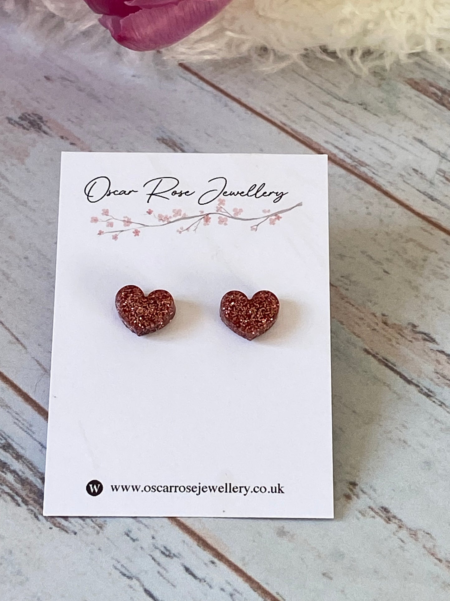 Rose Gold Glitter Resin Heart Stud Earrings