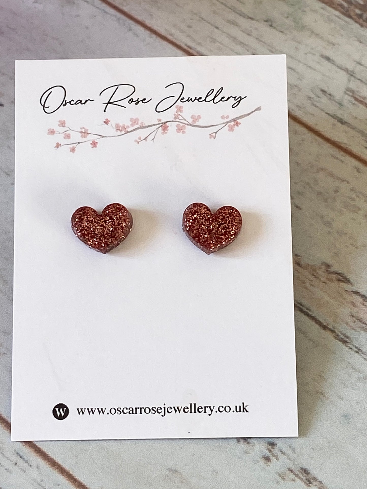 Rose Gold Glitter Resin Heart Stud Earrings