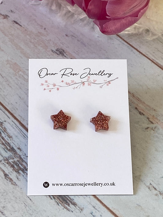 Rose Gold Glitter Resin Star Stud Earrings